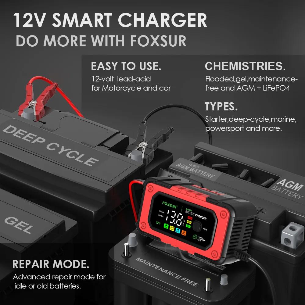 FOXSUR Car Battery Charger 12V 7A 7-Stage Smart Motorcycle Battery Fast Charging AGM GEL LiFePO4 Lead Acid Battery Pulse Repair