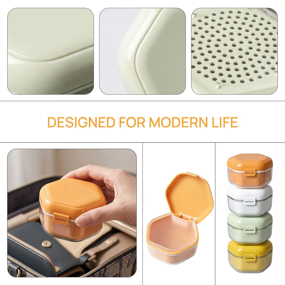 3 Layer Denture Bath Box Orthodontic Retainer Braces Storage Box with Filter Basket Portable False Teeth Soaking Cleaning Box