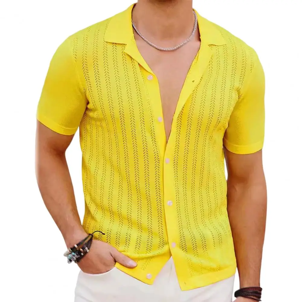 Plus Size Summer Men Shirt Knitted Hawaii Single-breasted Thin Short Sleeves Breathable Hollow Out Vacation Beach Shirt Top