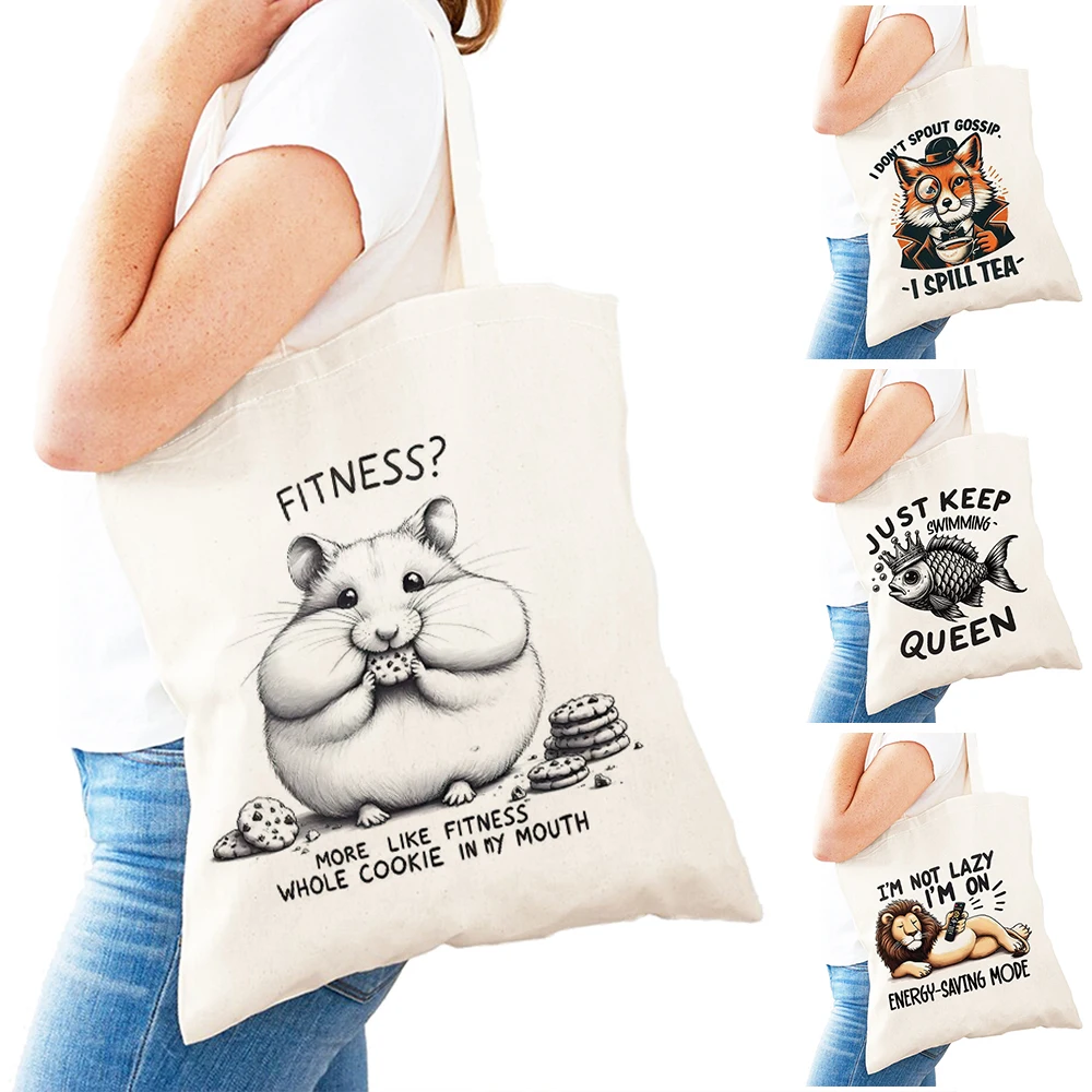 

Casual Hamster Lady Shopper Bag Double Print Fox Tea Spill Women Daily Use Shoulder Handbag Fish Crown Motto Girl Shopping Bags