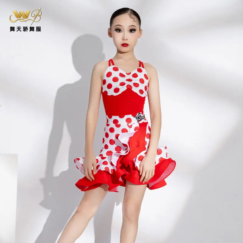 

New Red Dots Latin Dance Clothes For Girls Performance Suit Kids Ballroom Dance Competition Dress Rumba Cha Cha Costume CN-26588