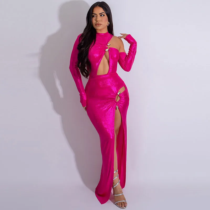 Sexy Metal Button Ruched Hollow Out Maxi Dress Woman Birthday Club Party Long Sleeve Stand Collar Split Long Dresses Robe Longue