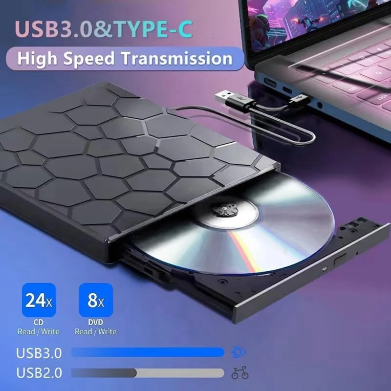 مشغل محرك أقراص CD/DVD خارجي، 7 في 1 USB 3.0 CD/DVD-ROM +/-RW CD Burner لأجهزة الكمبيوتر المحمول المكتبية Mac، Windows 11/10/8/7 Linux