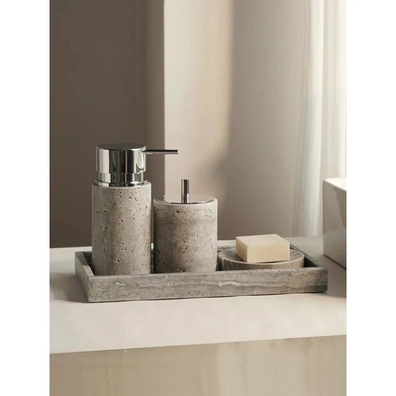 

Travertino Grigio Bathroom Set Antique Natural Marble Soap Dispenser Reed Diffuser Soap Holder Tray Bathroom Accessories