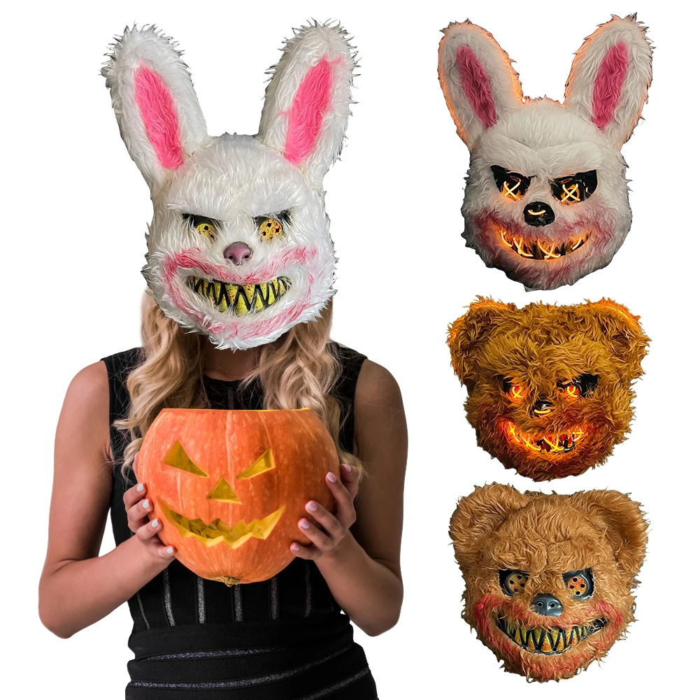 Ghost Festival Mask with LED Lights Halloween Horror Bloody Rabbit Bear Props Rabbit Bunny Mask Cosplay Costume Party Decoration