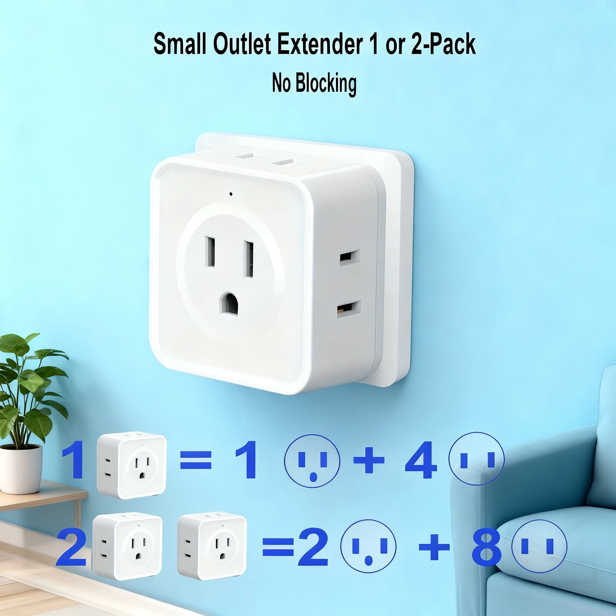 US Plug Multi Tap Universal Power Strip Wall Outlet Extender 5 AC Outlets,Small Electrical Socket Splitter Travel Home Office