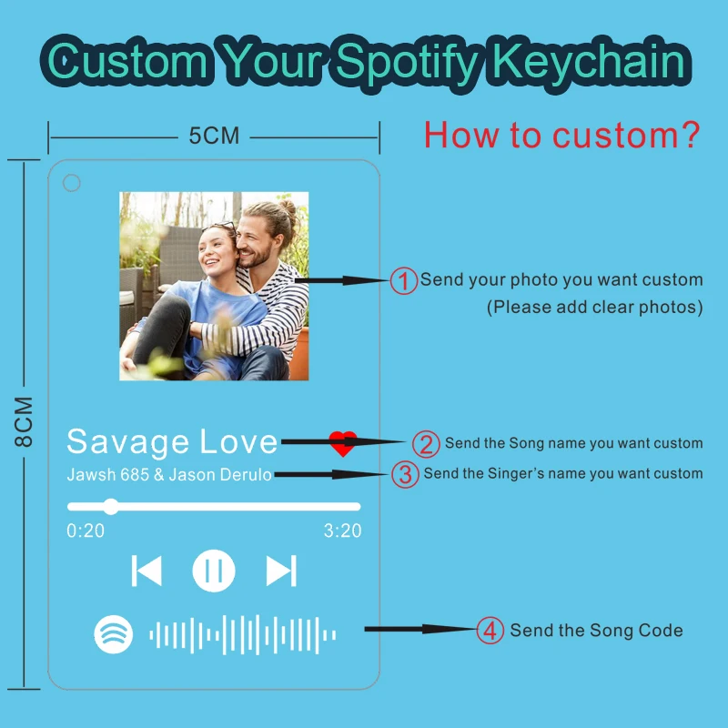 Personalizado Spotify Clear Acrylic Scan Code Keychain para homens e mulheres, cantor de música, capa do álbum nome, chaveiro personalizado, foto