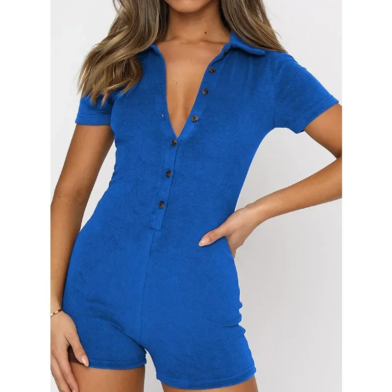 

Playsuits Summer Sexy Sheath Skinny Sexy Jumpsuits Tight Women's Front Button Lapel Short Sleeve Romper Short Jumpsuit