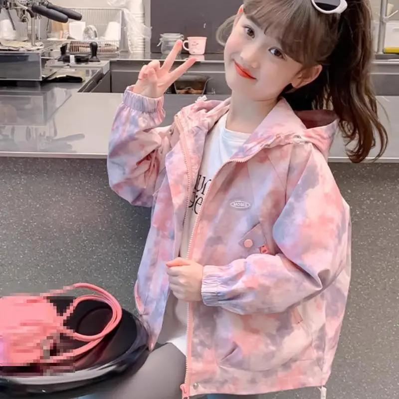 Girls Hooded Jacket with Bow Decor Kids Casual Zip Up Windbreaker Loose Elastic Hem Outerwear for Little Girls Autumn Daily Wear