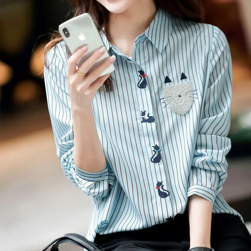 Blue Striped Kitten Embroidery Women\'s Shirt Spring Autumn New Korean Version Long Sleeved Loose Casual Chic Top for Women