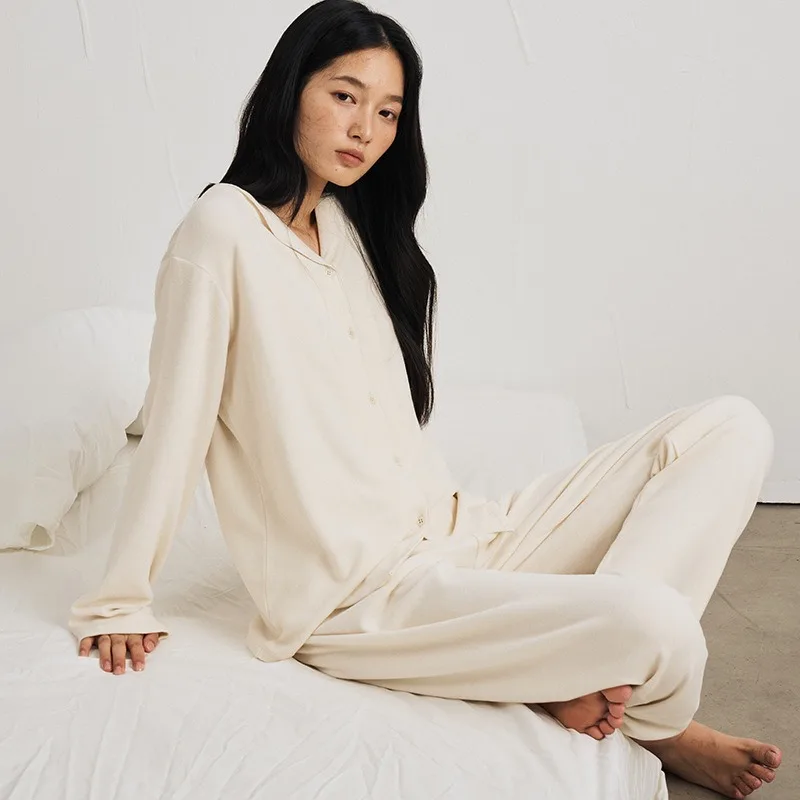 Easter Pjs Women's Long Sleeve Pants Cardigan Pajamas Solid Color Seaweed Fiber Loungewear Autumn Winter Anti Mite Moisturizing