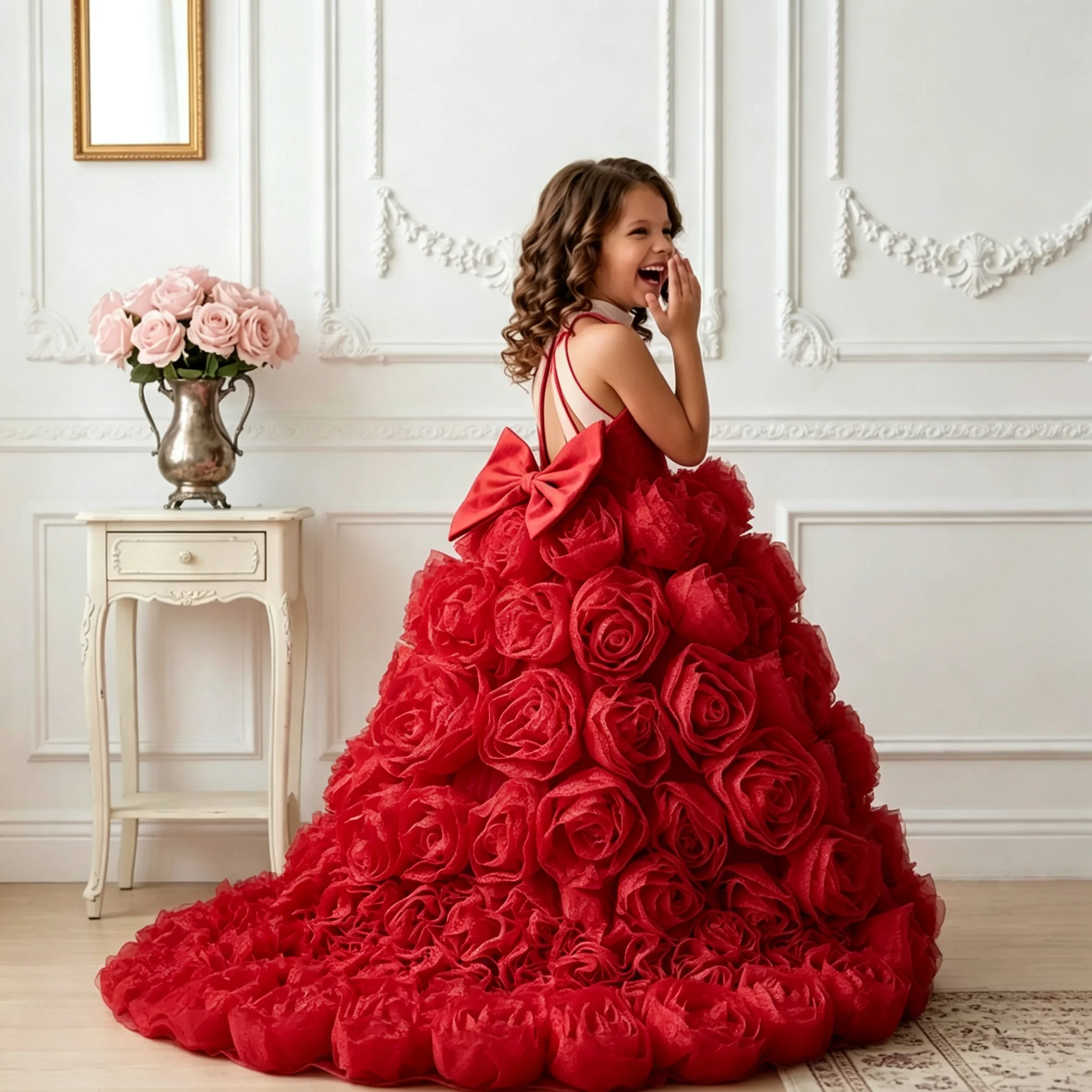 Custom 3D Flower Mesh Girls Dress Halterneck Backless Large Satin Dance Bow Floor-Length Wedding Dress Flower Girl Formal Dress