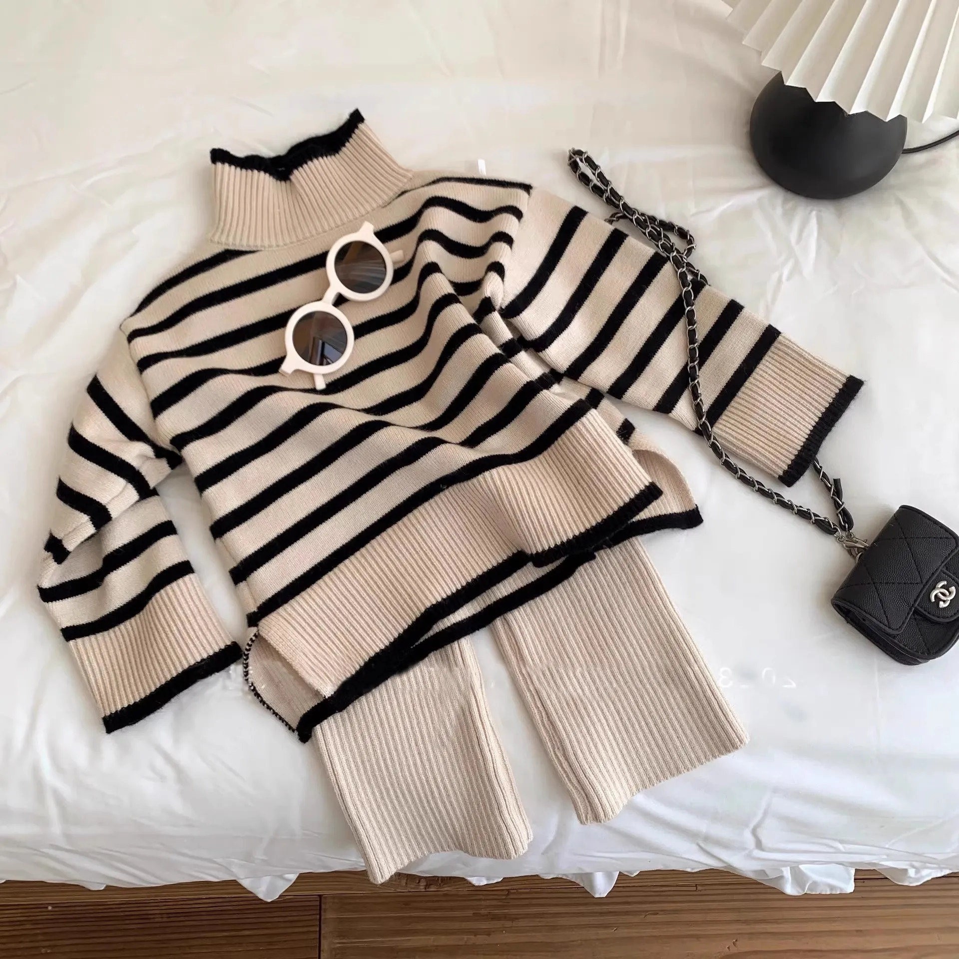 Autumn Children Girls 2PCS Clothes Set RAISE 2-12Yrs Kids Grils Striped Turtleneck Pullovers Sweater Warn Wide Leg Pants Outfits