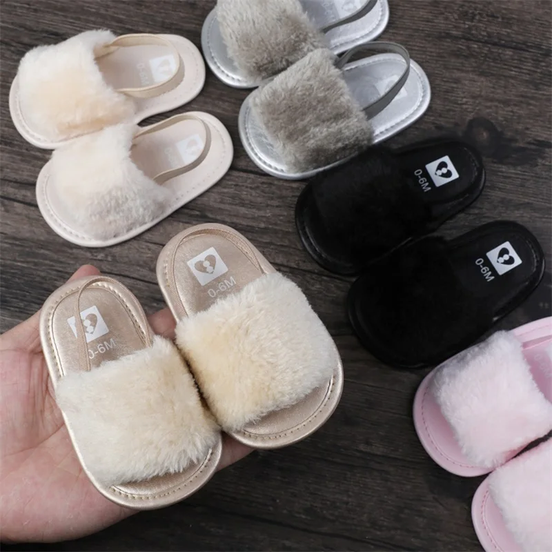 Summer Newborn Infant Baby Girls Soft Sole Sandals Plush Slide Sandal Toddler Sandal Princess Non-slip Crib Shoes