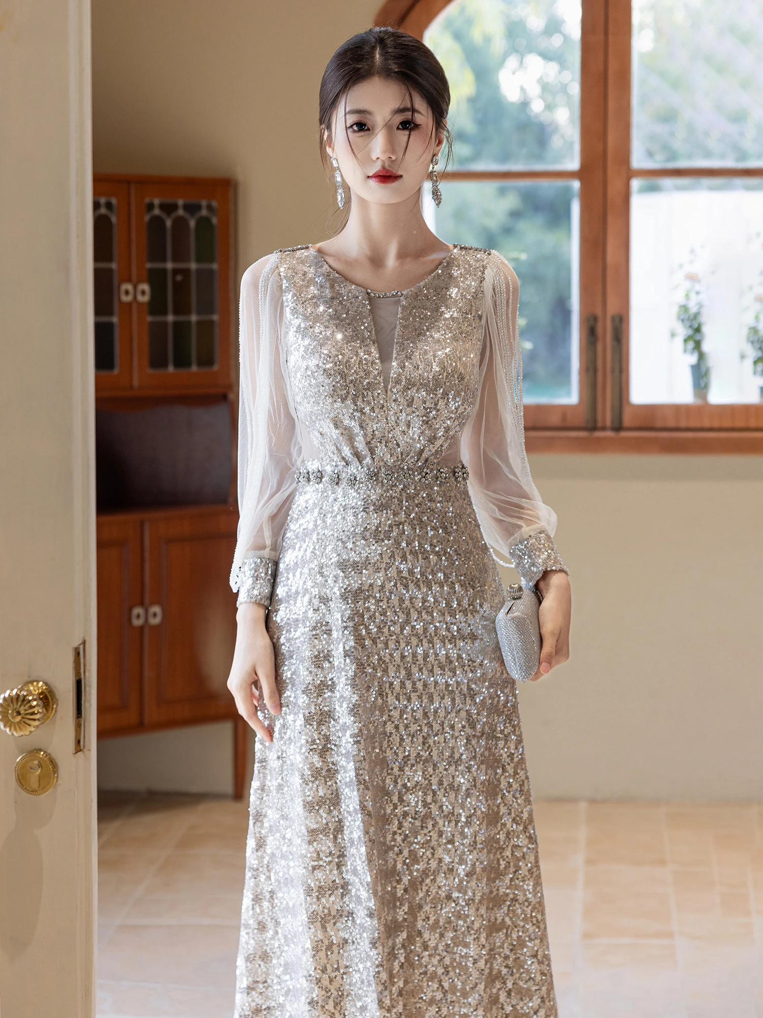 

Ele Silver Sequin Evening Gown Women's Faionable Luxury Host Year End Music Conference Bright Sparkle Skirt