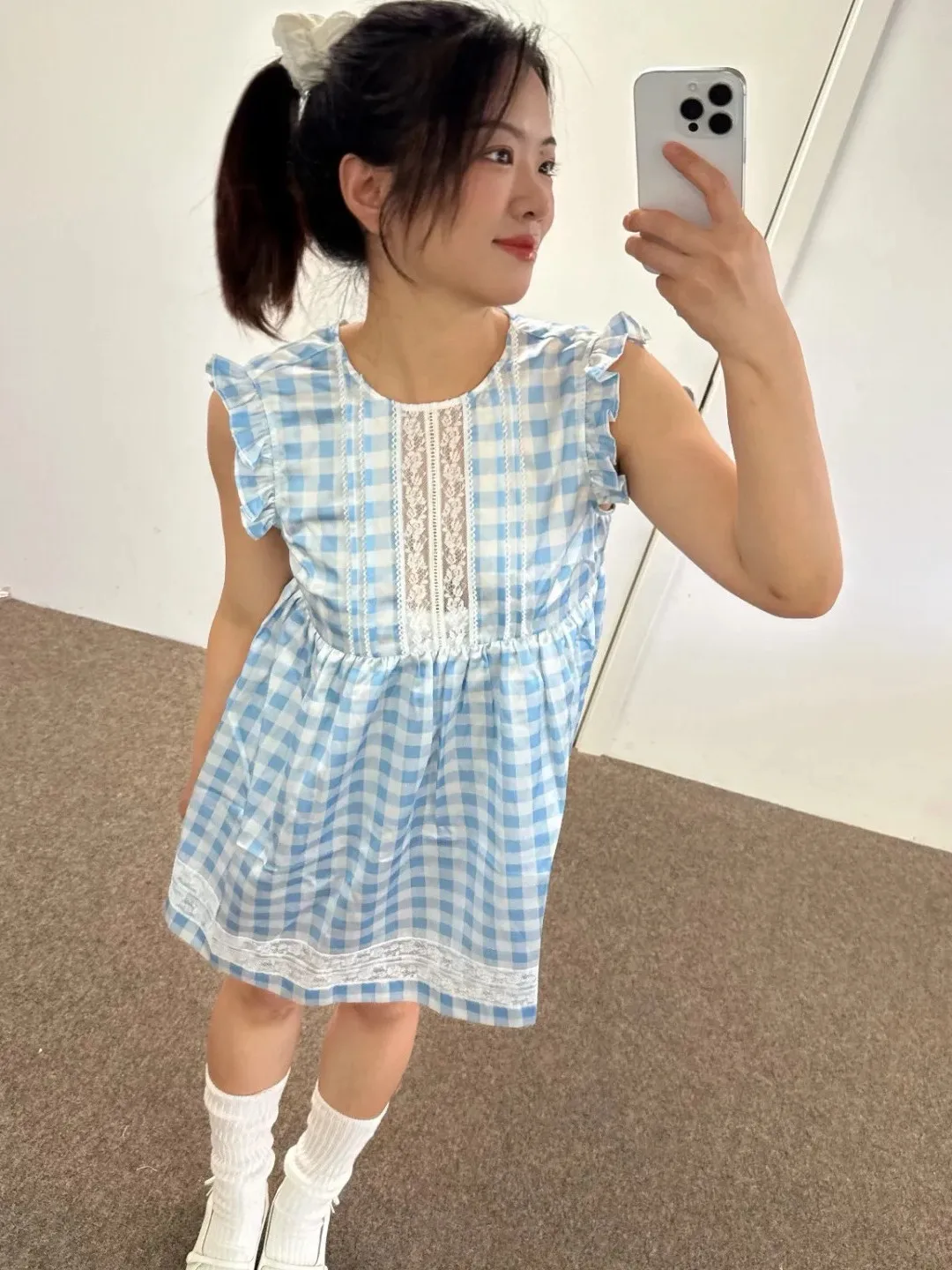 

Blue Plaid Lace Front Dress Women's Fashion A-Line Skirt Style Casual Spring Summer Cotton Material round Neckline