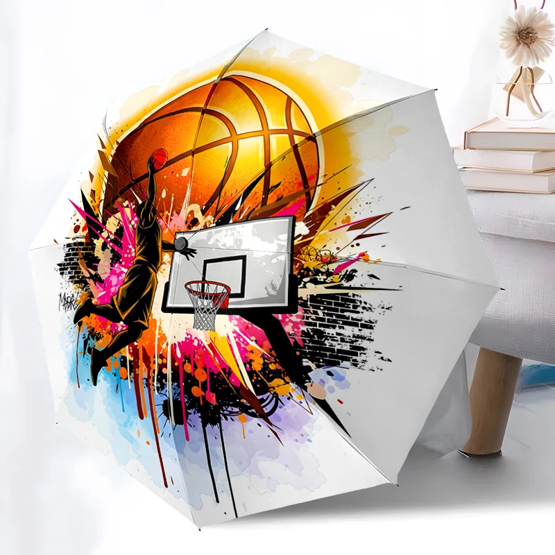 Basketball Theme Folding Umbrella - Fashionable Auto-Open Design 8 Iron Ribs Plastic Handle Foldable Sunshade，Perfect Gifts