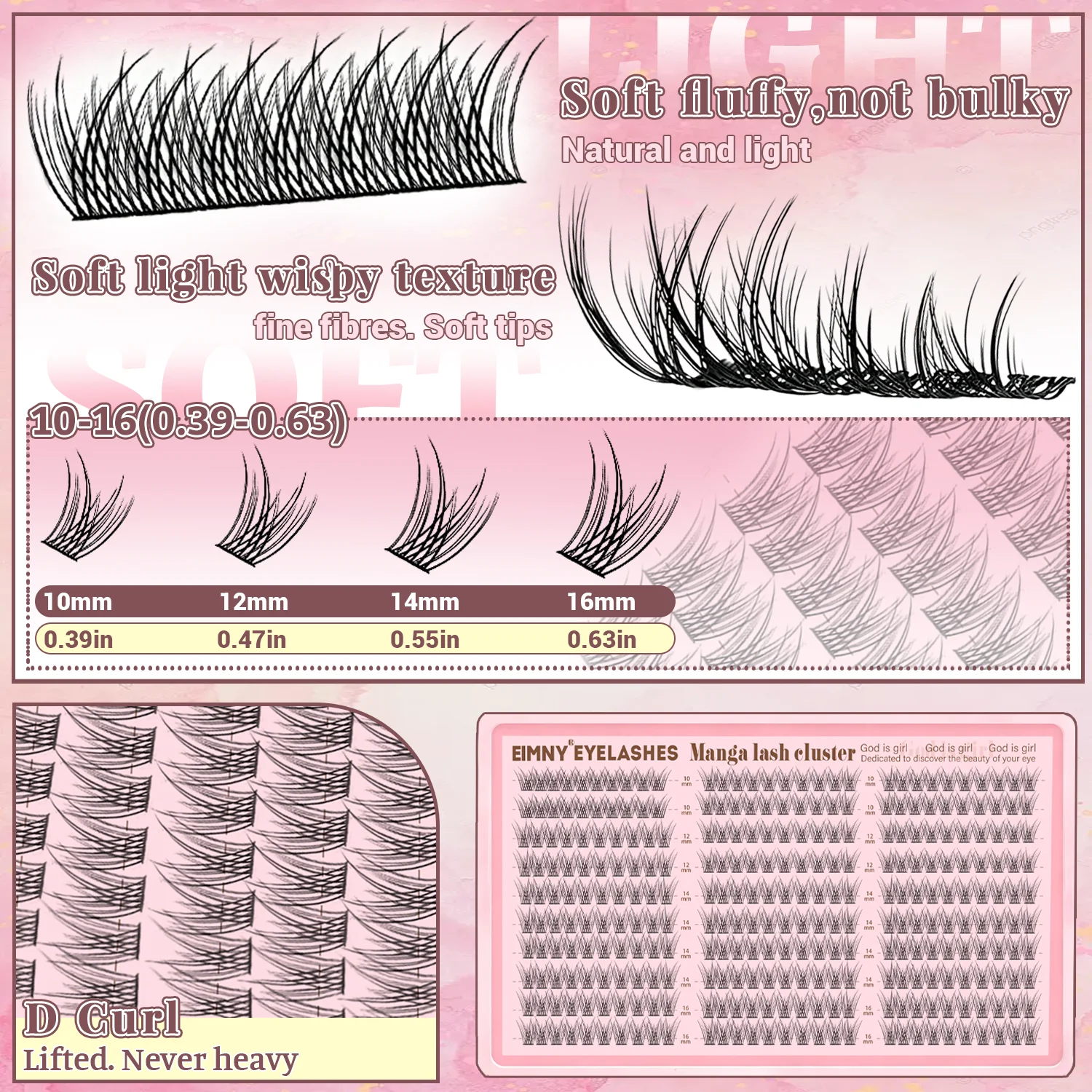 EIMNY Wimpernverlängerungen, natürlich wirkende, lockere Wimpern, DIY C-Curl, einzelne Wimpernbüschel, Schwarz, 10-16 mm, 300 Stück, mit Kleber, Versiegelungsmittel und Pinzette – Detail 2