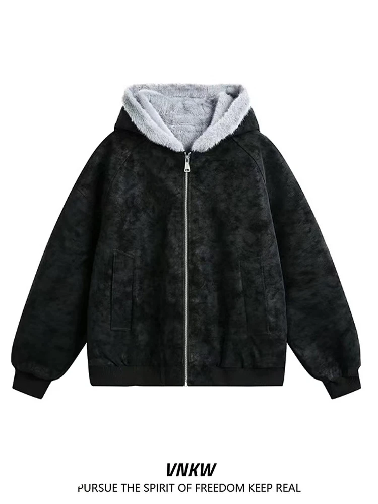 

Retro American Sle Thiened eepskin Hooded Cotton Jaet ex Winter Warm Loose Couple Sle Outerwear Coat