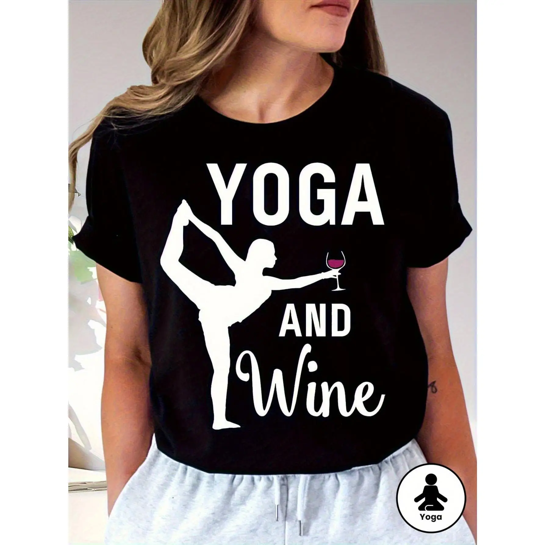 

Women'S " And Wine" Graphic T-Shirt Soft Breathable, Black With White Pose Wine Glass Design, Casual Round Neck, Machine Washabl