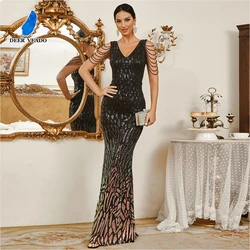 DEERVEADO Mermaid V Neck Sequins Evening Dress with Beads Women's Elegant Special Occasion Party Maxi Dress Formal Dresses