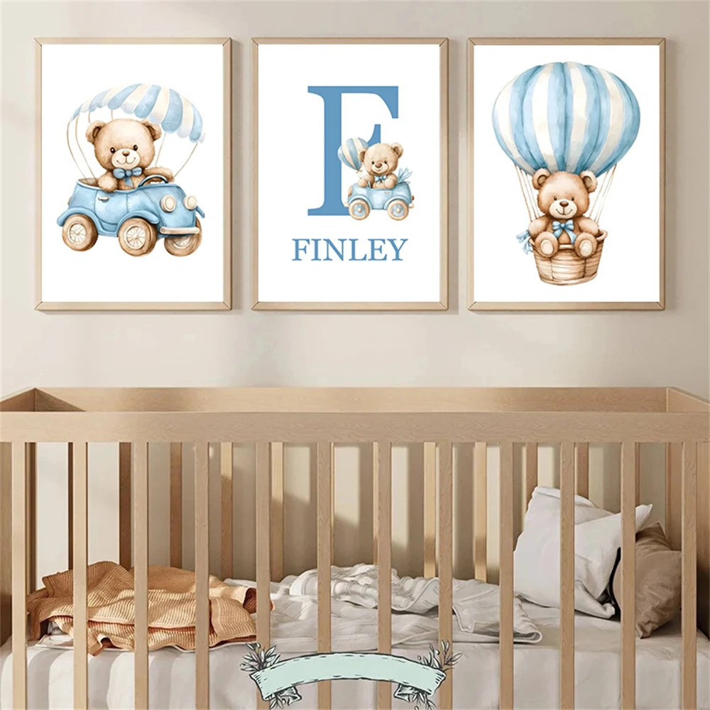 Cartoon Blue Car Balloon Bear Canvas Wall Art Painting Custom Name Poster Nursery Art Prints Nordic Wall Pictures Boy Room Decor