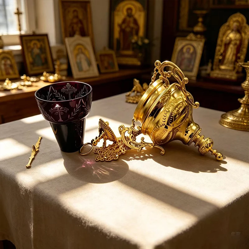 

New Gold Plated Orthodox Hanging Incense Burner Censer with Purple Glass Cup for Church Liturgy Home Altar Christian Gift Decor