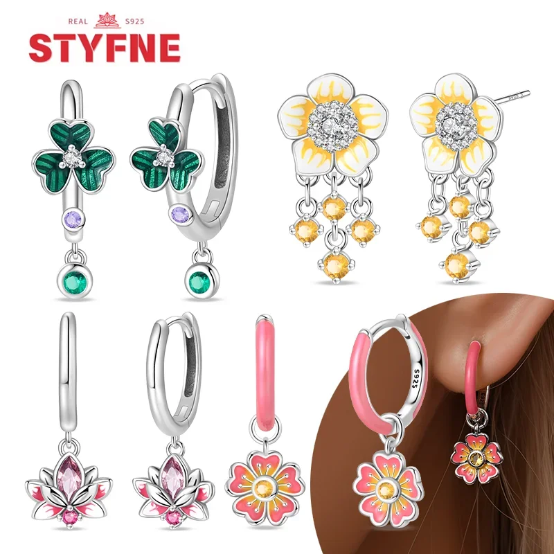 

Trendy Earrings 925 Silver Lotus Lucky Grass Pink Flower Hoop Earrings for Women Birthday Party Fine Jewelry Gift Daily Matching