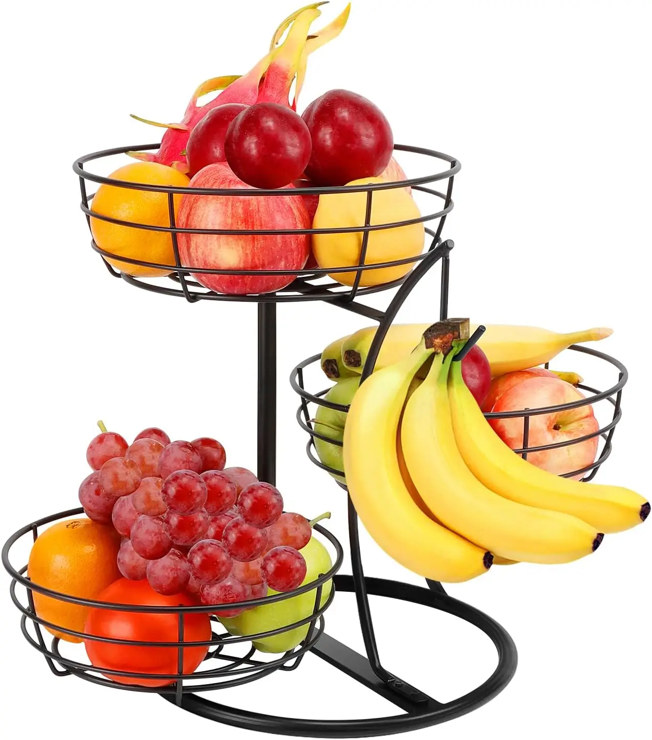 

3-Tier Fruit Basket with Banana Hanger, Detachable Vegetable Storage for Kitchen Counter, Black Metal Organizer for Bread & Snacks