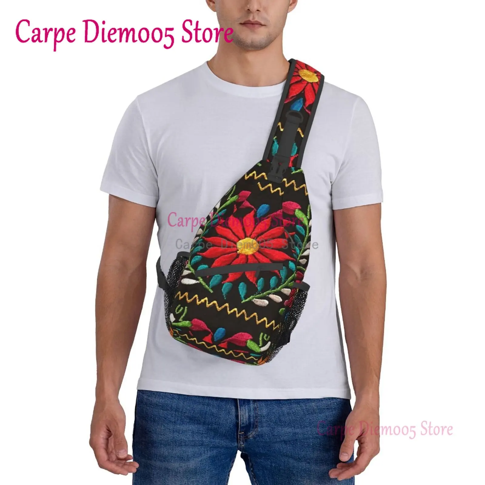 Mexican Flowers 3D Print Embroidery Sling Crossbody Chest Bag Men Shoulder Backpack for Hiking