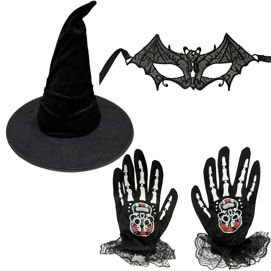 Girls Halloween Black Witch Costume Witch Hat Magician Headdress Lace Skeleton Gloves Lace Bat Vampire Mask Ghost Skull Bride
