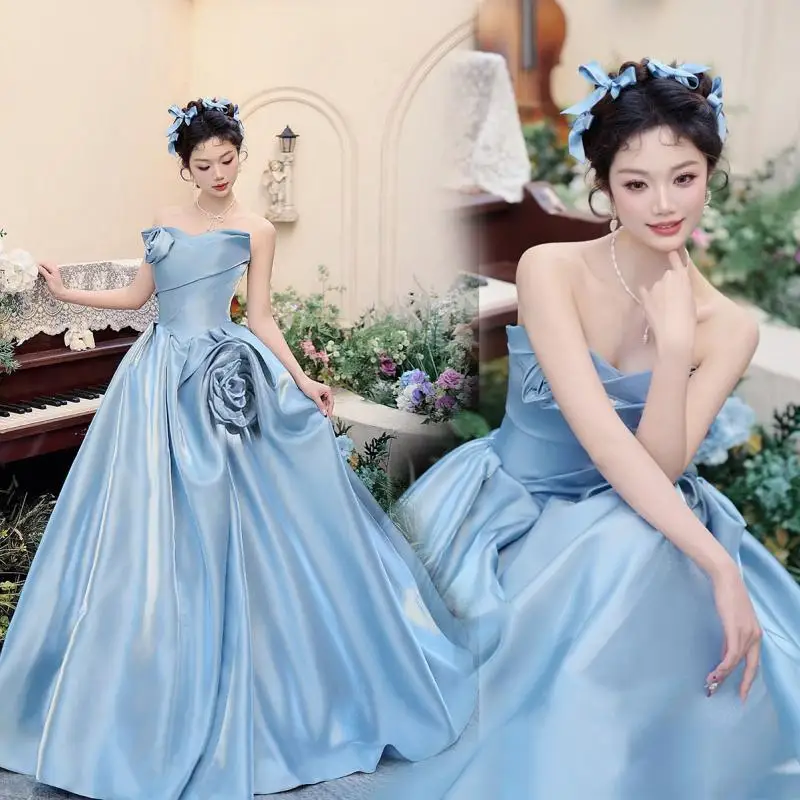 

Strapless Satin Light Wedding Dress Blue Flower Bridal Engagement Wedding Toast Birthday Banquet Host Dress Customized