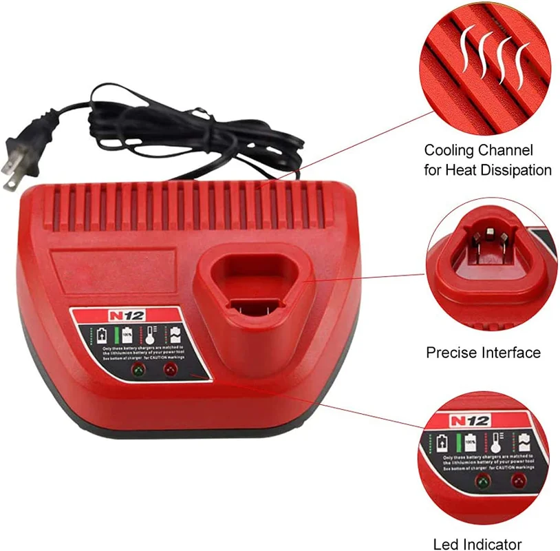 Replacement Charger Compatible For Milwaukee 12V Battery Charger for 48-59-2401 M·12 Lithium Battery LED Indicating