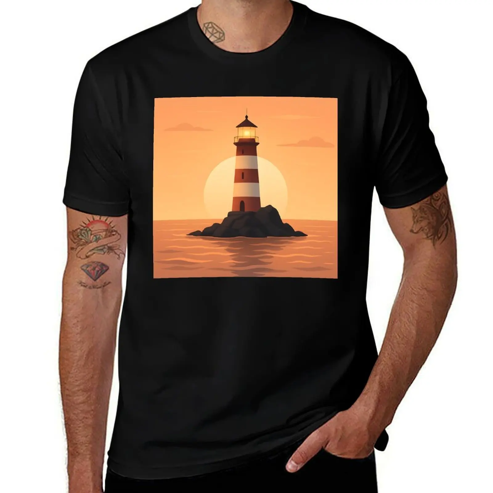 

Sunset Lighthouse Poster – Tranquil Coastal Wall Art for Beach Lovers & Nautical Decor T-Shirt graphics mens vintage t shirts