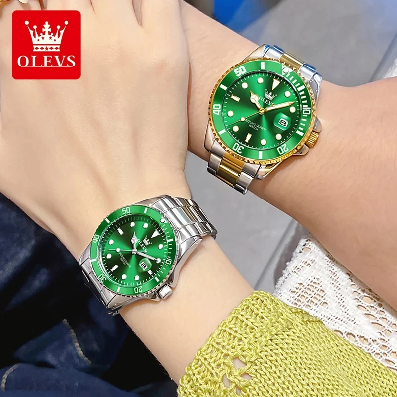 

Часы OLEVS для пар, роскошные модные кварцевые наручные часы из нержавеющей стали, водонепроницаемые, светящиеся, с большим дисплеем даты, в коробке