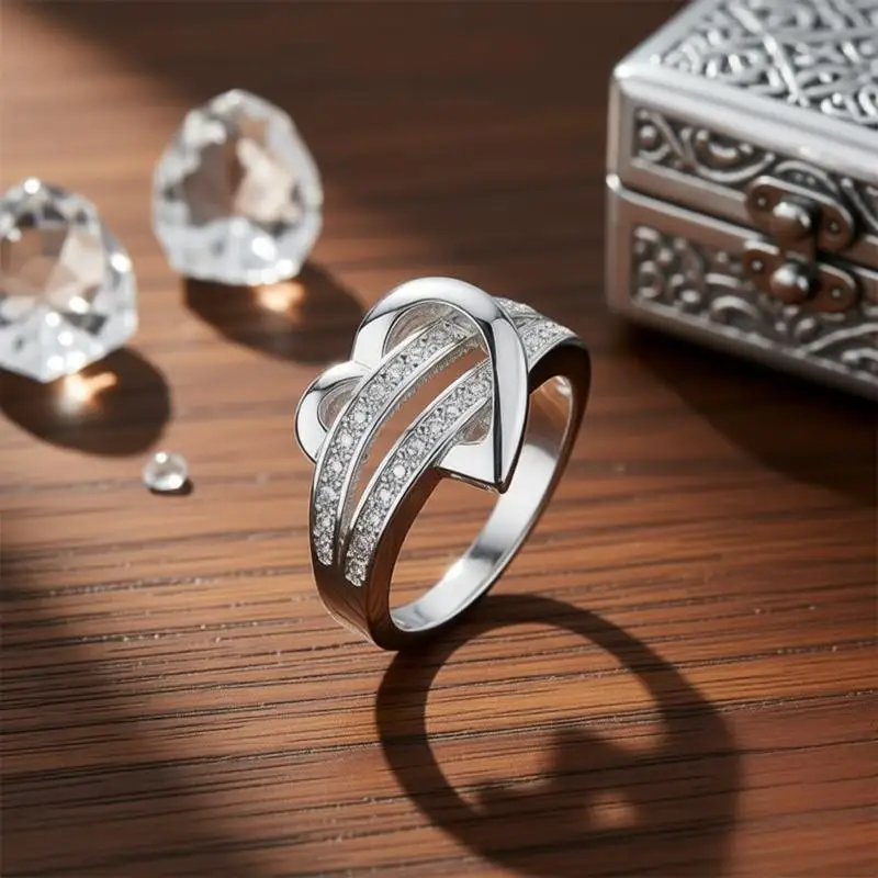 Romantic 925 Sterling Silver Half Heart Shape Crystal Zircon Finger Rings for Women Girls Wedding Party Fashion Jewelry Gifts