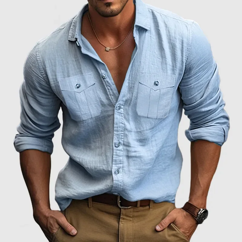 Spring Summer Beach Style Casual Shirts Men Double Pocket Fashionable Solid Color Holiday Breathable Blouse Male Tops Plus Size