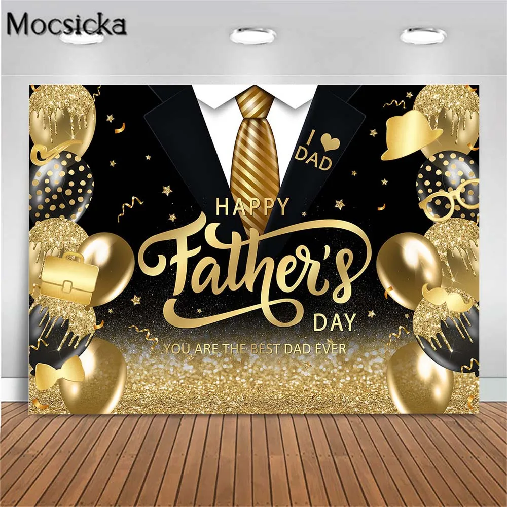 

Mocsicka Dad I Love You Happy Father's Day Backdrop Black Suit Golden Tie Glitter Balloon Best Dad Photography Background Banner