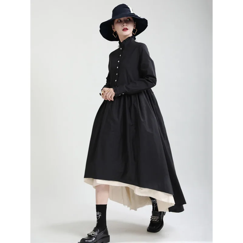 HUISONG Frauen Schwarz Schichten Unregelmäßige Lange Elegante Kleid Neue Stehkragen Langarm Mode Flut Frühling Herbst 2025, yy8mqu