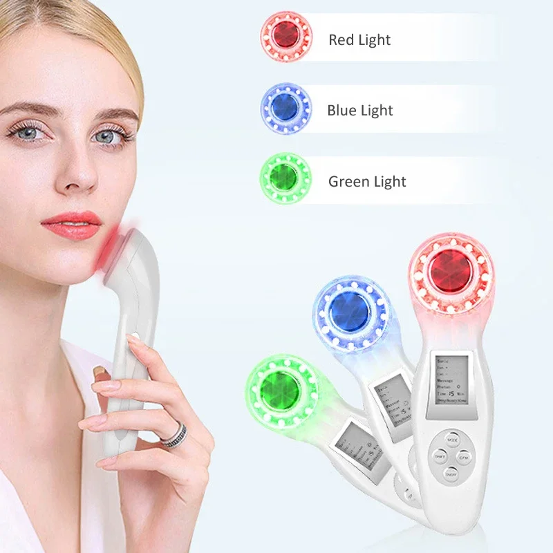 3MHz Facial Ultrasonic Beauty Device with 3 Colors LED Photon+Galvanic Ionic+Ultrasound+Massage,Face Massager Skin Care Tool