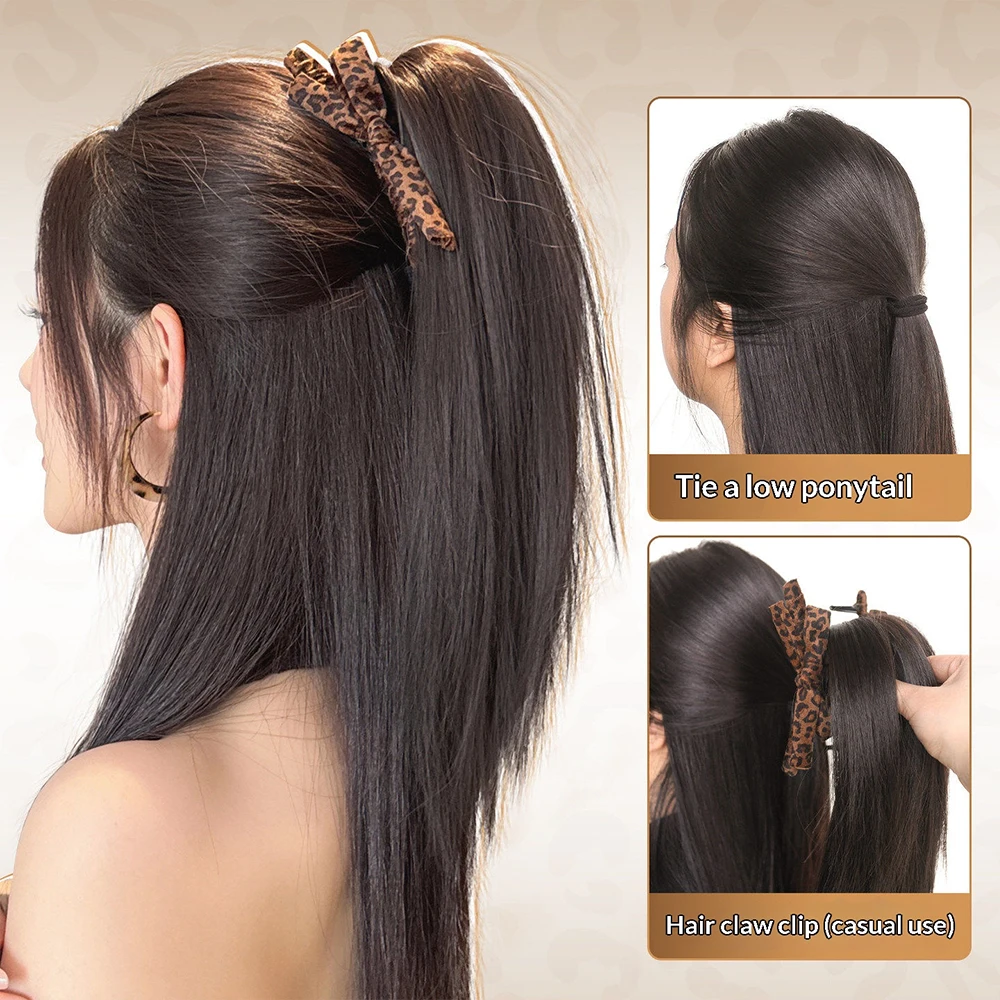 Leopard Print Bow Fountain Claw Clip Straight High Ponytail Synthetic Hair Heat Resistant Hair Accessories for Women Daily view 4