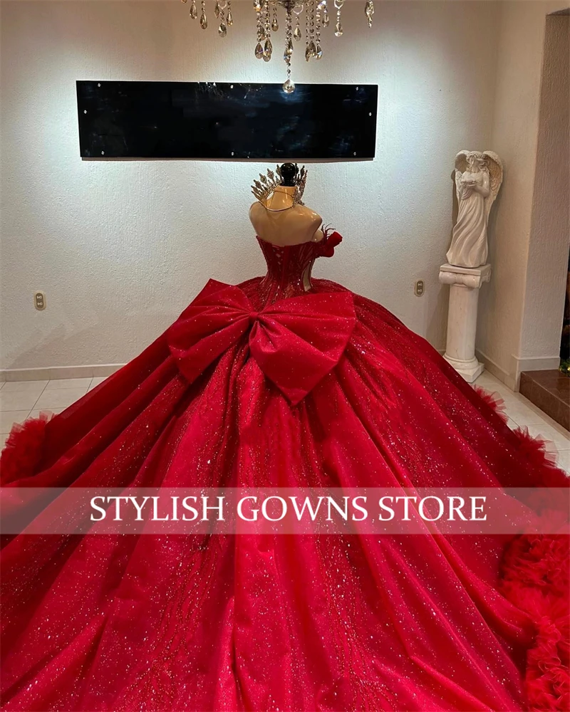 Red Sweetheart Bow Quinceanera Dresses For Black Girl Bead Appliques 2024 Birthday Luxury Dress Ruffles Sweet 16 Customized