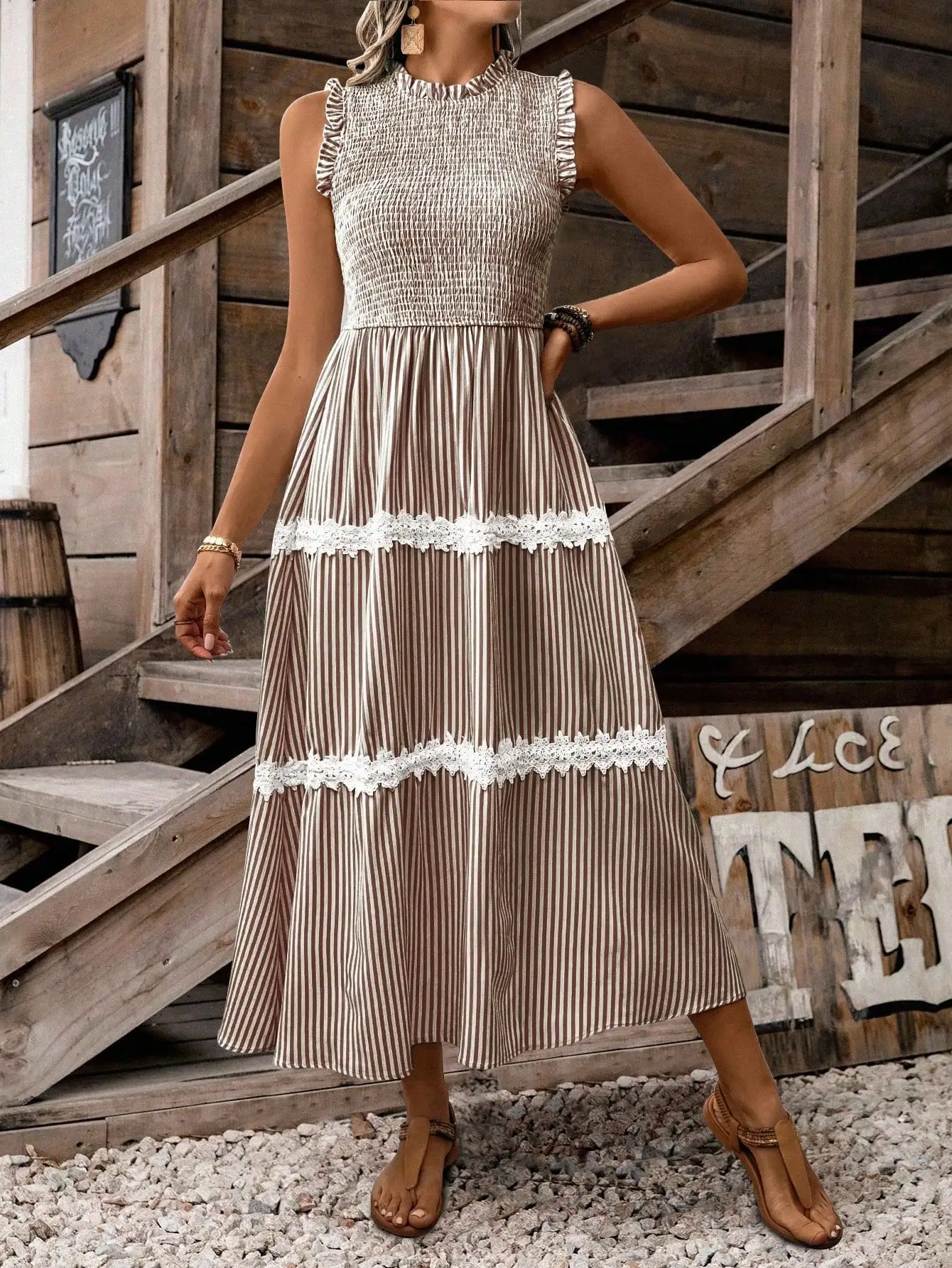 

Sleeveless Striped Smocked Midi Dress With Lace Trim
