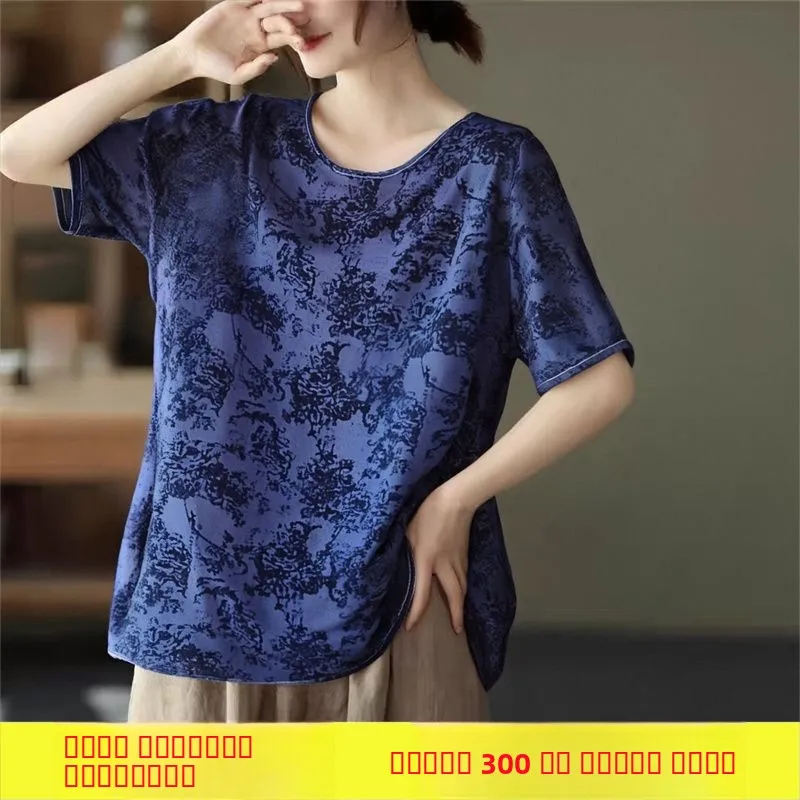 プラスサイズのコットンリネンまたはスウェットTシャツ、夏の新作、女性用ルーズフィットトップ、高齢女性向け、吸汗性、通気性