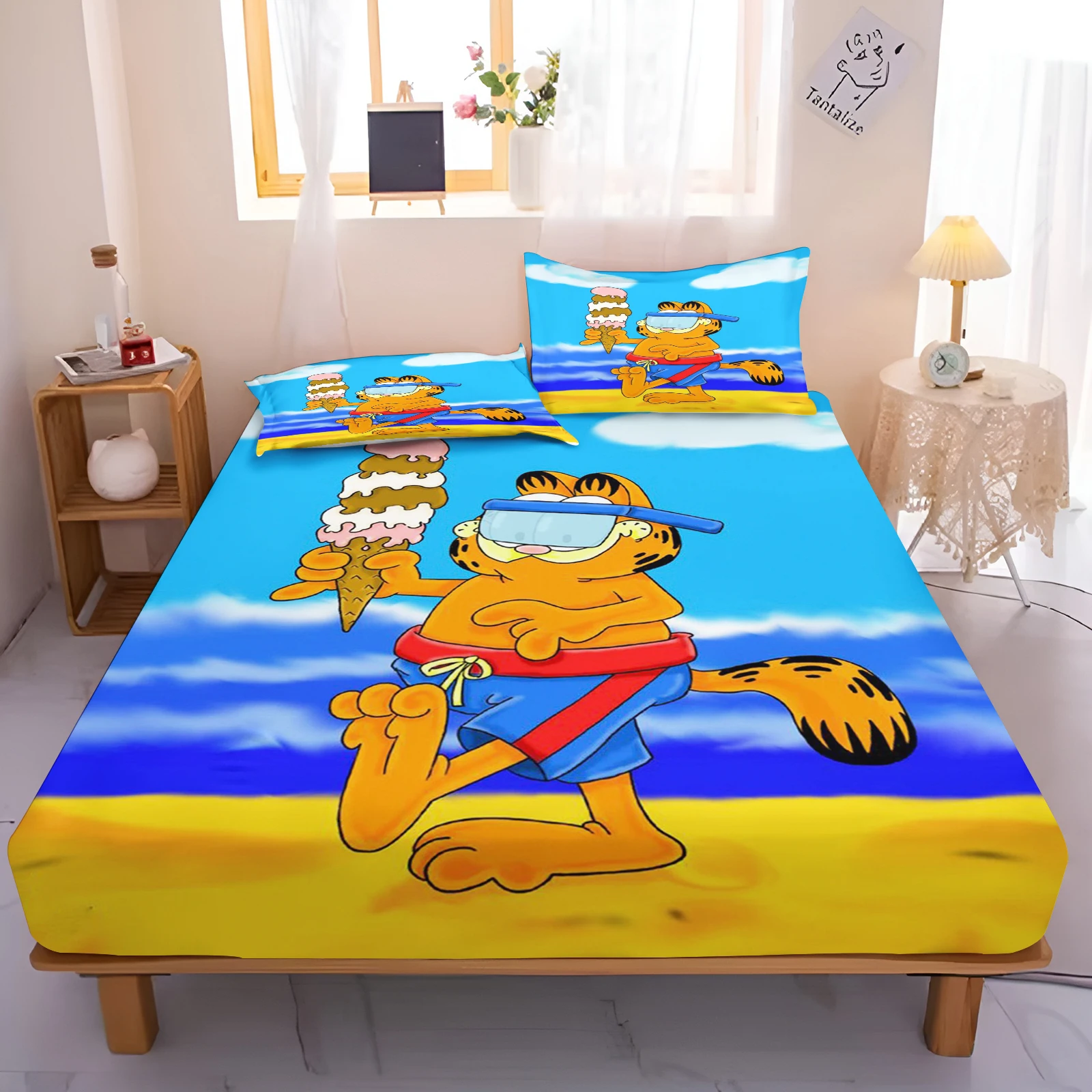 Cartoon Garfield Fitted Sheet Polyester Children Sheets Skin-Friendly Breathable Cute Printing