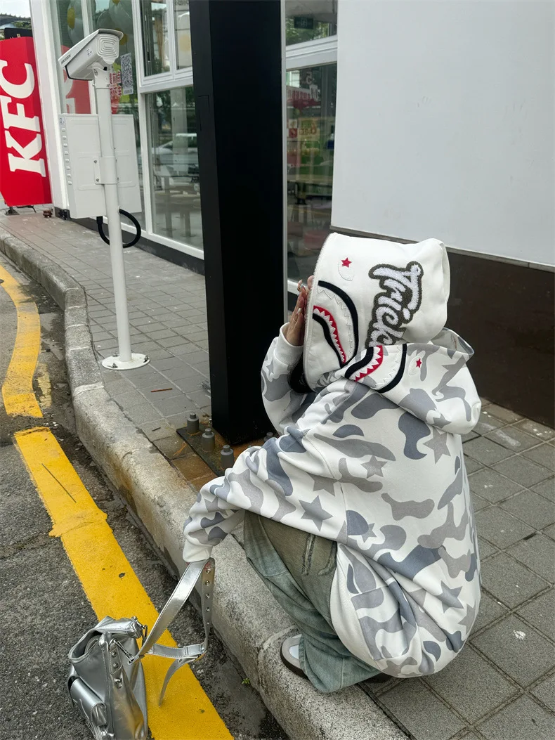 Women Retro Hip Hop Trendy Hoodie Camouflage Sweatshirt New Autumn Couple Zipper Open Cardigan Jacket Loose Fit Casual Wear