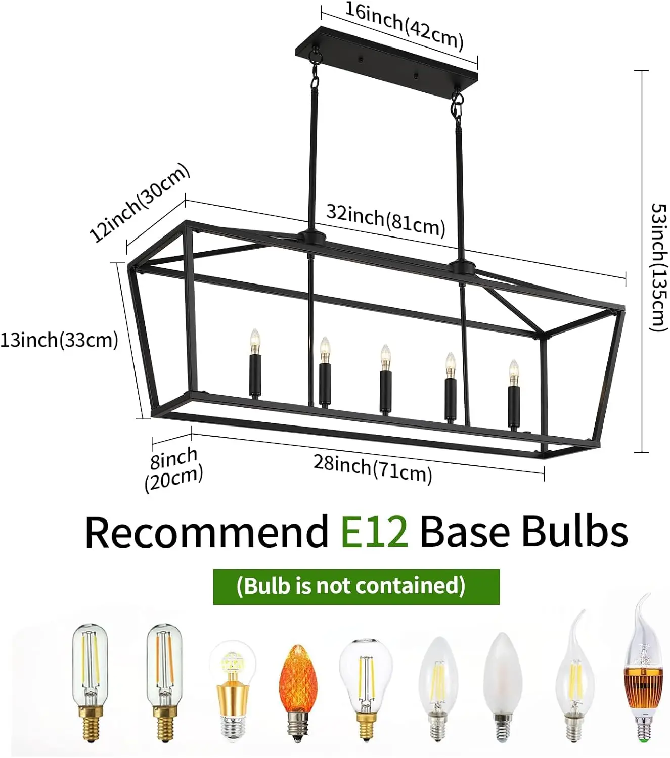 5-Light Black Farmhouse Chandelier - Adjustable Hanging Pendant for Dining Table, Kitchen Island & Living Room