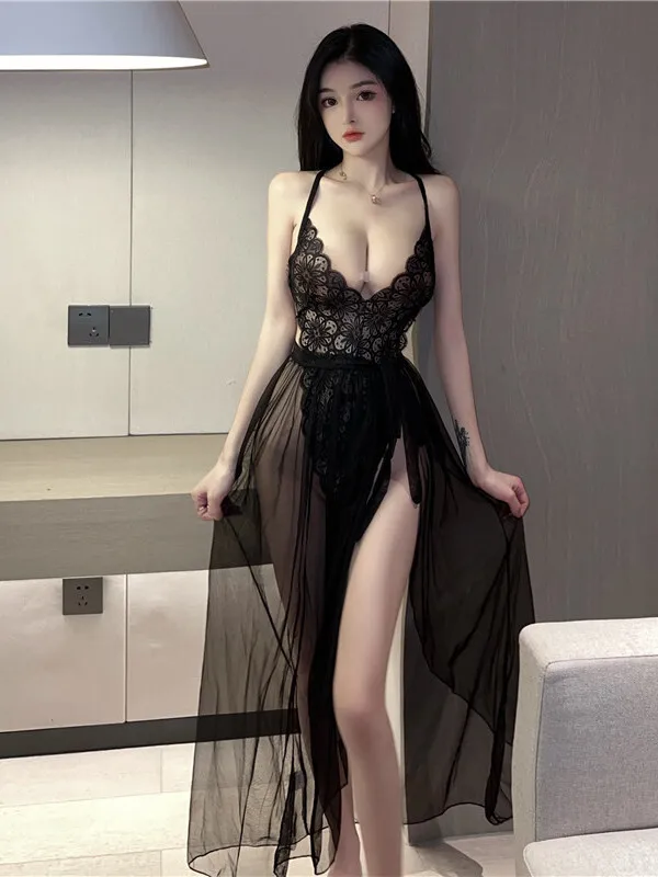 ยาว Sheer ตาข่ายลูกไม้โปร่งใส Robe ชุดชั้นในเซ็กซี่ร้อนชุดลูกไม้ Elegant เส้นด้ายบางชุดนอนชุดเสื้อผู้หญิง C55H