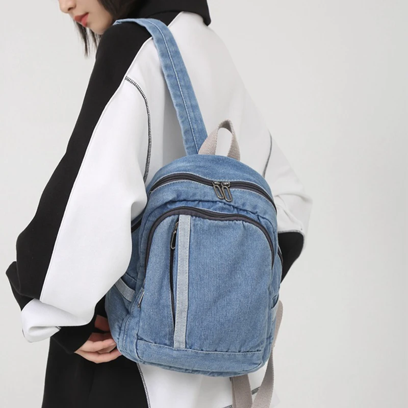 2024 New Girls Backpack Washed Denim Korean Style Casual Shoulder Bag Simple Travel Large Capacity Men and Women Backpack