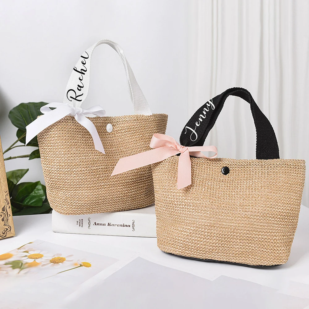 Personalized Bridesmaid Jute Totes Bag Summer Beach Small Straw Woven Shopping Bag Girls Trip Gift Bridal Shower Favors Retro